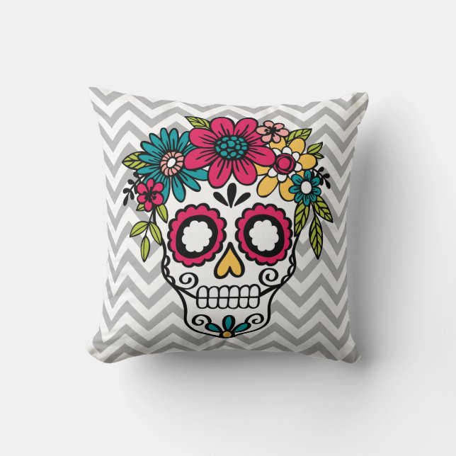 Sockerskallen kudder, day of the dead, blommor kudde (Framsida)