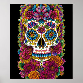 Sockerskålskonst - Skull på bädd av blommor Poster