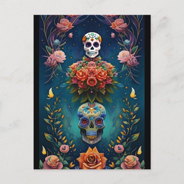 Sockerskålskonst - Traditional Dia de los Muertos Vykort (Framsida)