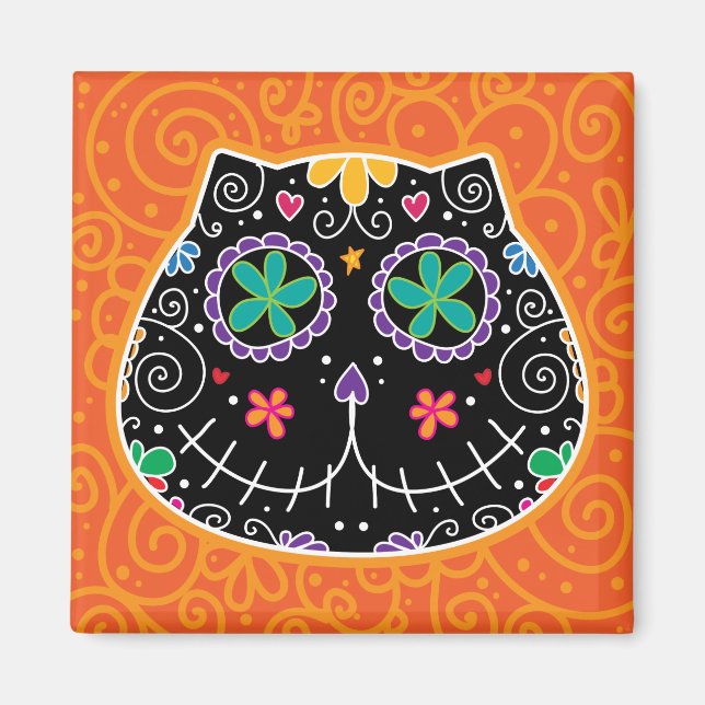 Sockerskiffer, svart katt Day of the dead Magnet (Framsidan)