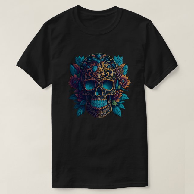 Sockerskiktkonst - svart och Guld blommiga skal T Shirt (Design framsida)