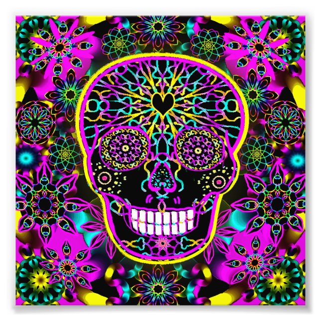 Sockerskull i Neon Rosa Fototryck (Framsidan)