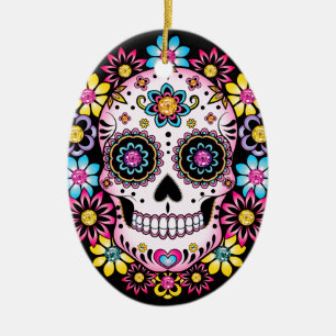 Sockerskull med färgade blommor julgransprydnad keramik