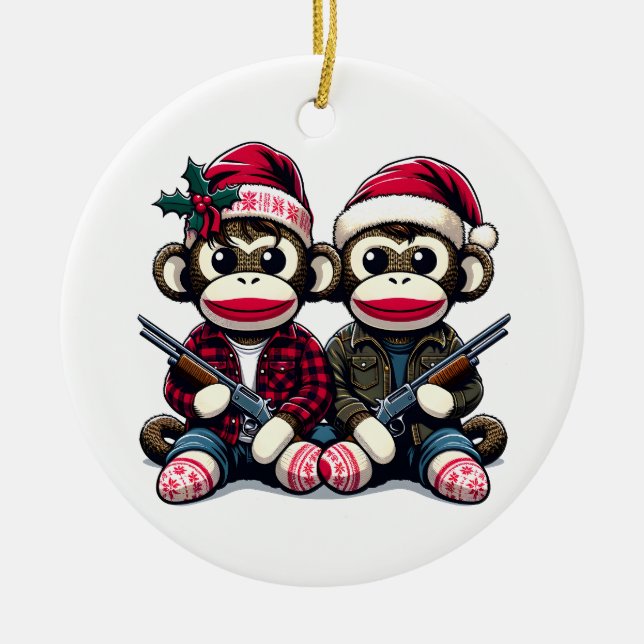 SockMonkey Hunter Brothers vid jul Julgransprydnad Keramik (Framsidan)