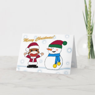 Sockmonkey och snögubbehälsningkort helgkort