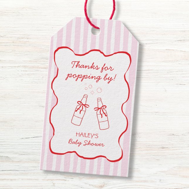 Soda Bottle Bow Pink & Red Wavy Baby Shower Presentetikett (Soda Bottle Bow Pink & Red Wavy Baby Shower Gift Tags)