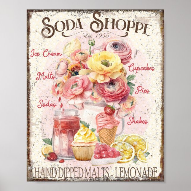 Soda Shoppe Poster Ice Cream Blommigts Wall Art (Framsidan)