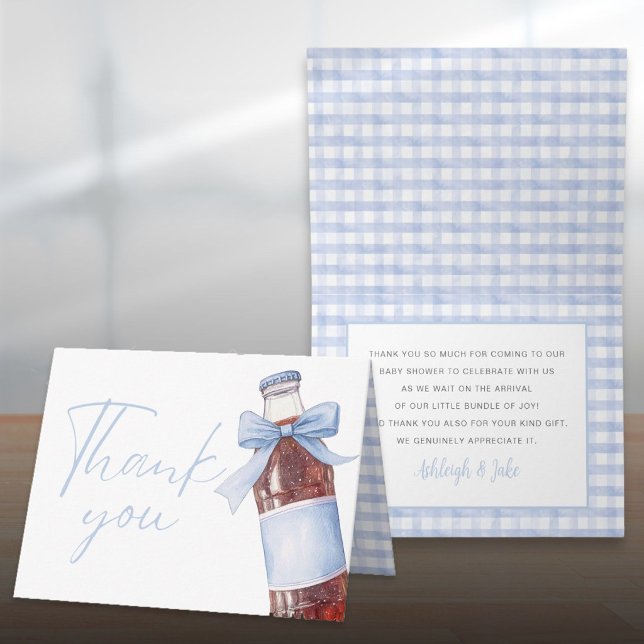 Sodaflaska Blå Bebisdopp Veckad Tacksamhetskort Tack Kort (Soda Bottle Blue Baby Shower Folded Thank You Card)