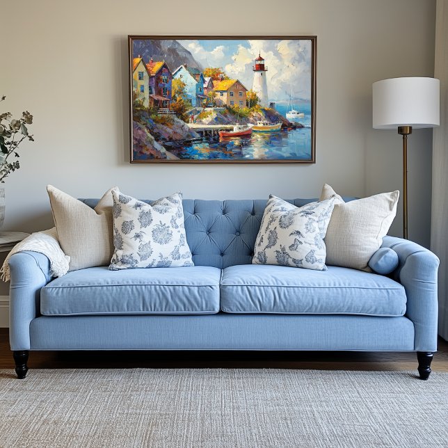 Söderbyn med färgade hus och fyr canvastryck (Fishing Village Artwork)