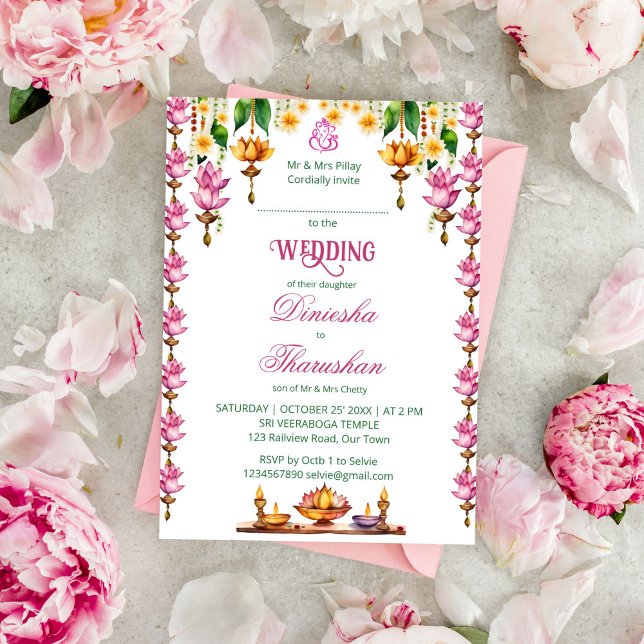 Söderlandsmall för lotus-lampor bröllop inbjudningar (South Indian Tamil wedding template invitation instant digital download pink lotus diya  garlands)