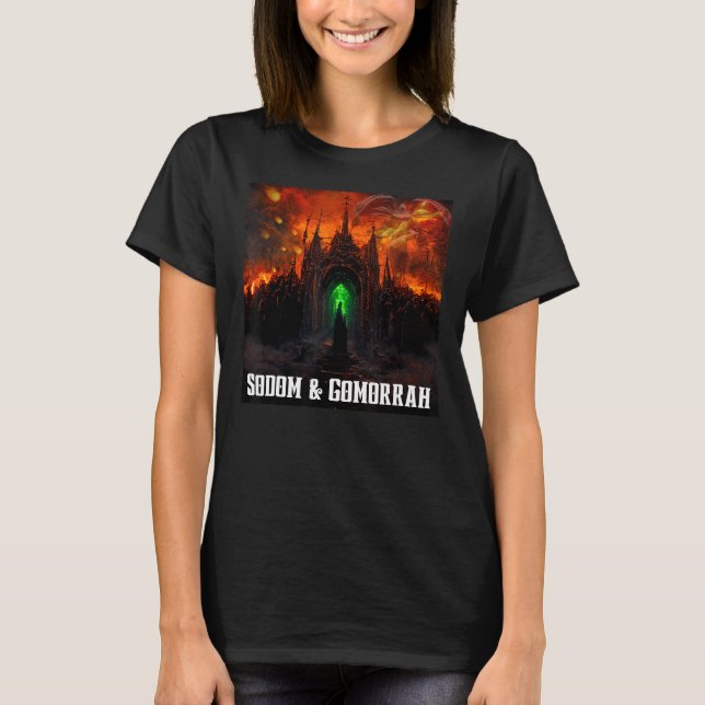 Sodom och Gomorrah City Burns with Angel and Churc T Shirt (Framsida)