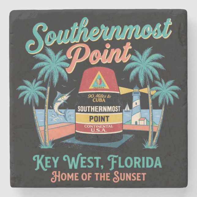 Södra Ändpunkt Key West Retro Tropisk Atmosfär Stenunderlägg (Framsidan)