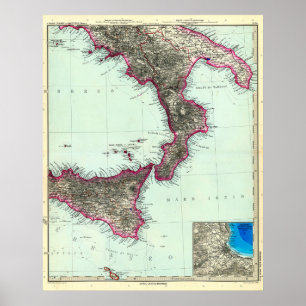 Södra Italien och Malta Karta (1891) Poster