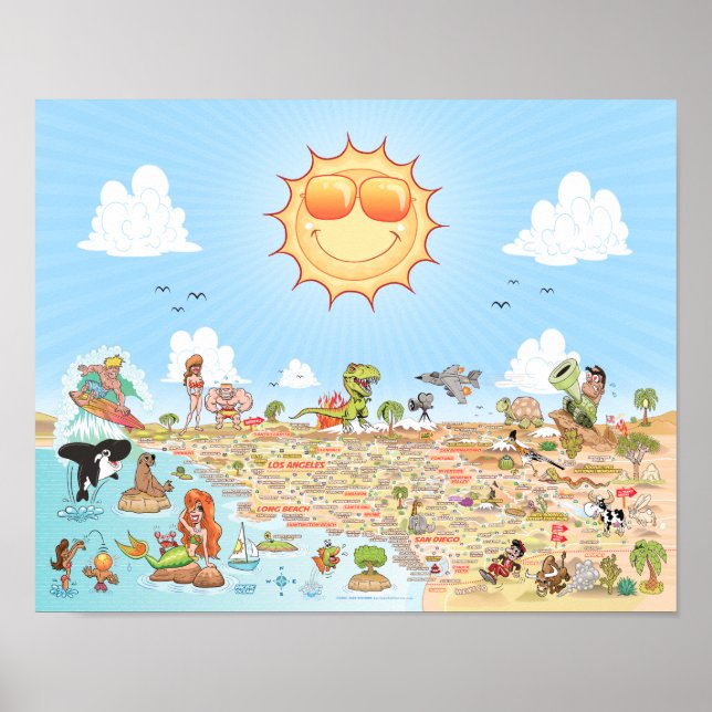 Södra Kalifornien Tecknad Karta Poster (Framsidan)