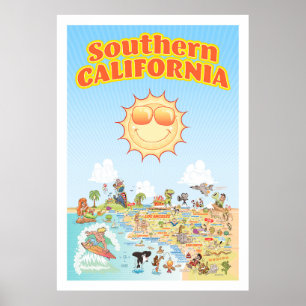 Södra Kalifornien Tecknad Karta Poster