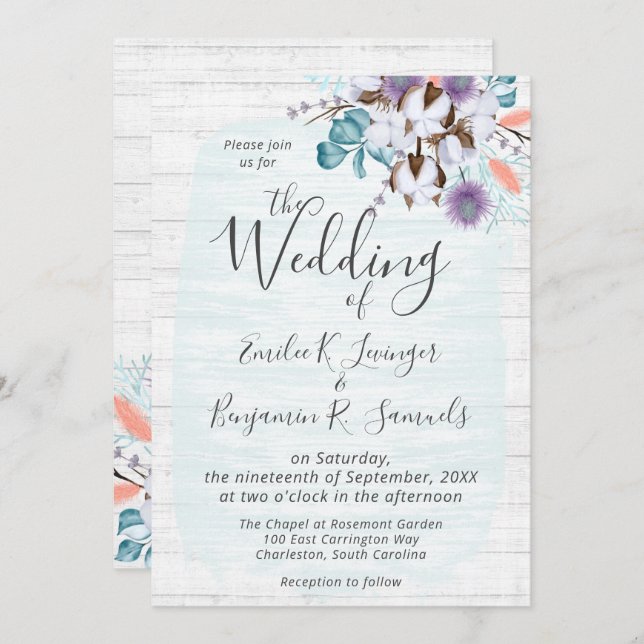 Södra Land Cotton Boll Botanical Rustic Wood Inbjudningar (Fram/baksida)