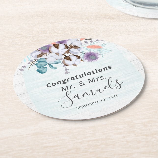 Södra Land Cotton Boll Botanical Rustic Wood Underlägg Papper Rund (Vinklad)