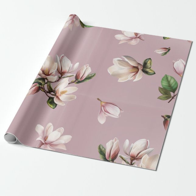 Södra Magnolia Blommor Lila Mönster Presentpapper (Utrullad)