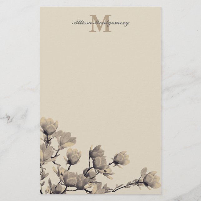 Södra Magnolias & Taupe Namn & Initial Brevpapper (Framsida)