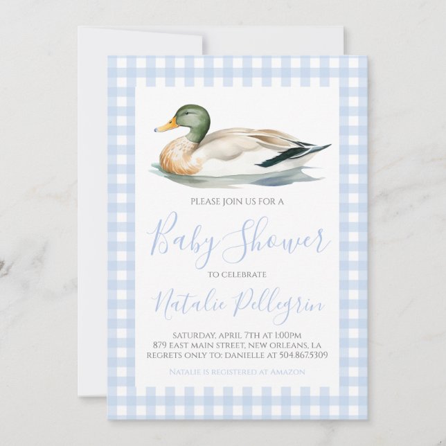 Södra Mallard Anka Blue Gingham Baby Shower Inbjudningar (Framsida)