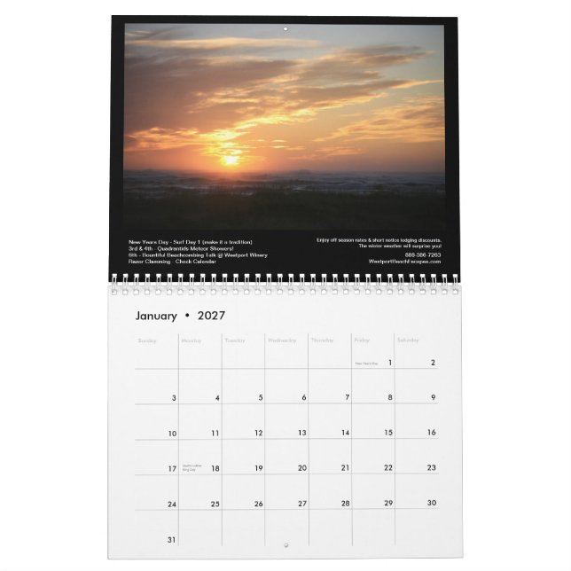 Södra strandsolnedgångar med kalendern av kalender (Jan 2027)