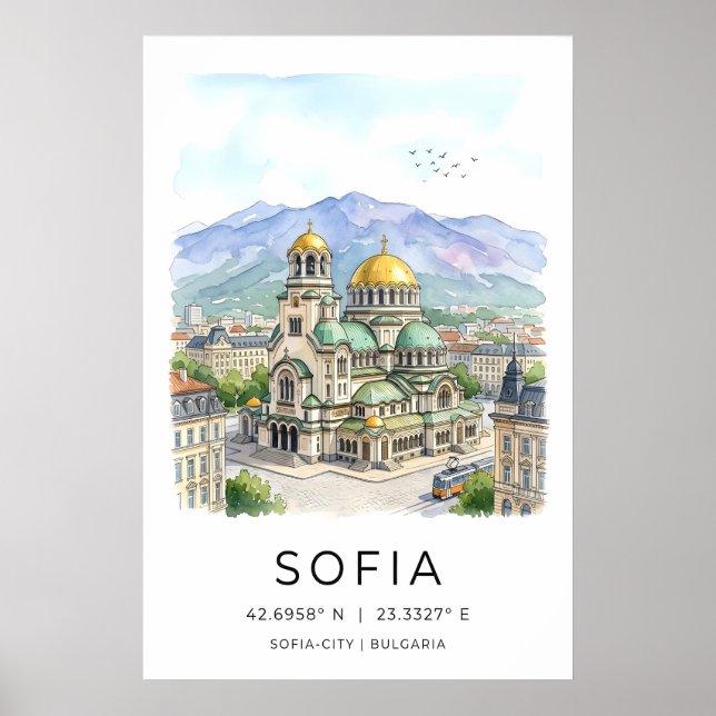 Sofia Stad Tryck Lugnt Vattenfärgvy - Gul (Framsidan)