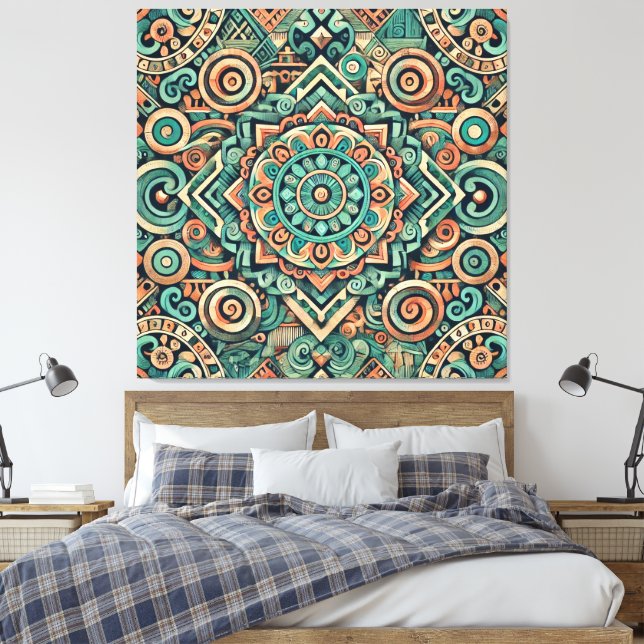 SofisticateAztec Inspired Teal Terracotta Mönster Canvastryck (Insitu (sovrum))