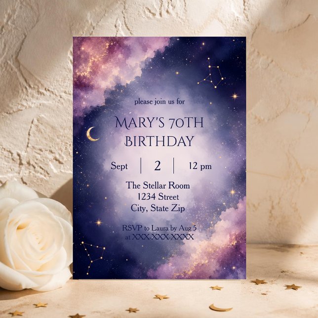 Sofistikerad 70-års födelsedagsinbjudan | Celestia Inbjudningar (Elegant galaxy invitation created for unforgettable 70th birthday celebrations with timeless appeal.)