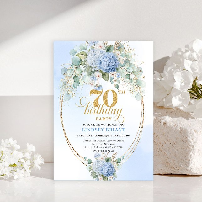 Sofistikerad 70-års födelsedagsinbjudan med blå ho inbjudningar (Sophisticated 70th Birthday Blue Hydrangeas Invitation)