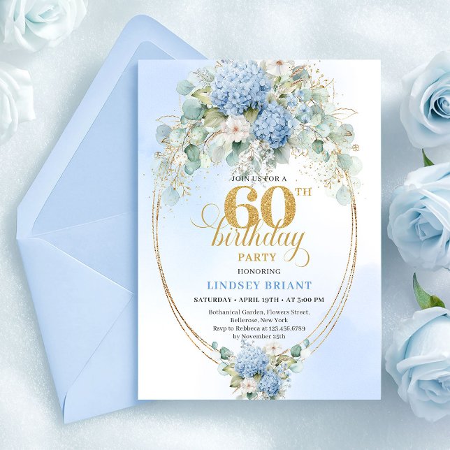 Sofistikerad akvarell Blå blommor 60-årsdag Inbjudningar (Sophisticated Watercolor Blue Floral 60th Birthday)