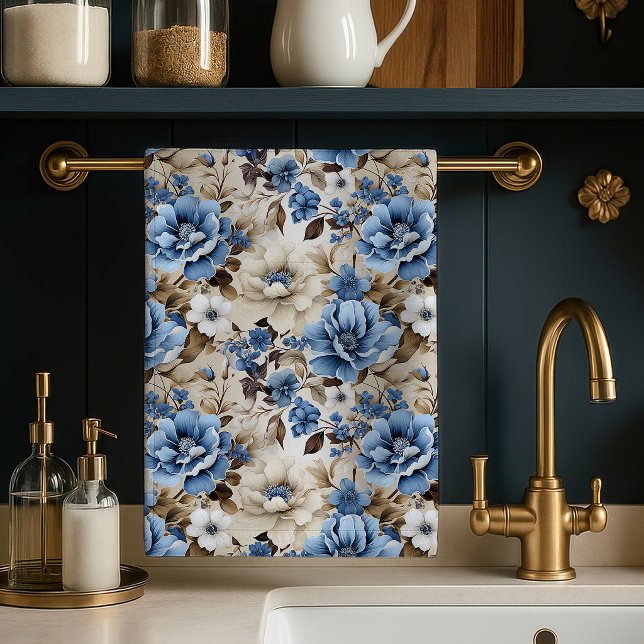 Sofistikerad Blå Elfenbensfärgad Blommig Mjuk Köks Kökshandduk (Sophisticated Blue Ivory Floral Soft Kitchen Towel)