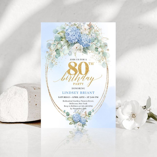 Sofistikerad blå hortensia blomster 80-årsdag  inbjudningar (Sophisticated Blue Hydrangea Floral 80th Birthday Invite)