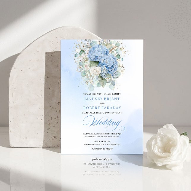 Sofistikerad blå hortensia guld bröllopsinbjudan inbjudningar (Sophisticated Blue Hydrangea Gold Wedding Invite)