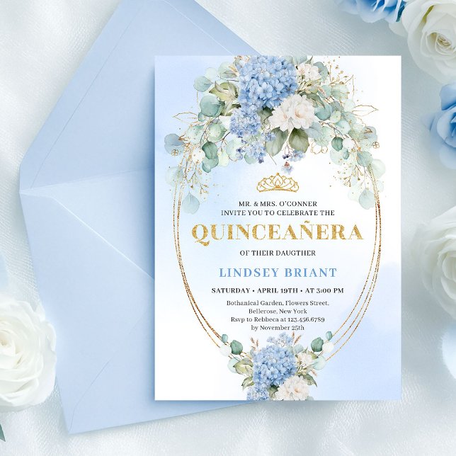 Sofistikerad blå hortensia guld Quince-inbjudan Inbjudningar (Sophisticated Blue Hydrangea Gold Quince Invitation)
