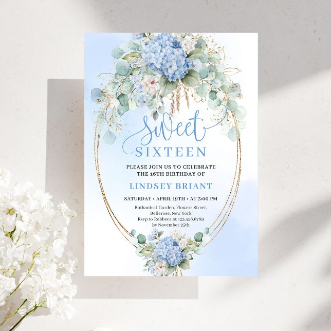 Sofistikerad Blommig Sweet 16 Födelsedagsinbjudan Inbjudningar (Sophisticated Blue Floral Sweet 16 Birthday Invite)
