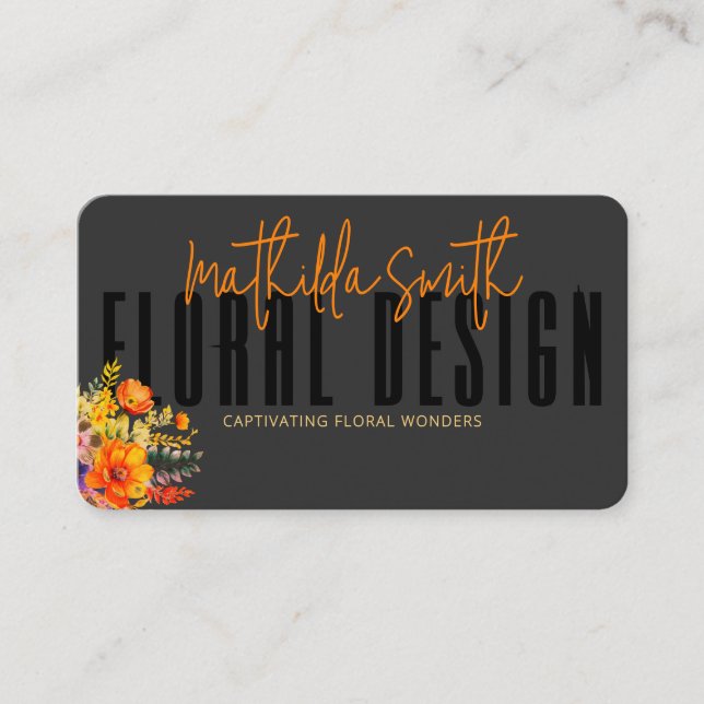 Sofistikerad blomsterdesign Svarta orange blommor Visitkort (Framsida)