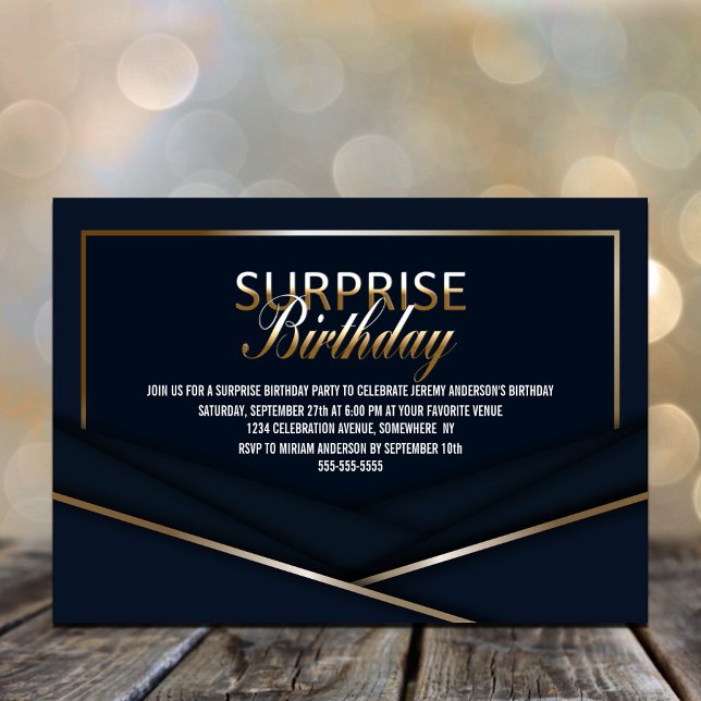 Sofistikerad Blue Guld Surprise Birthday Inbjudningar (Skapare uppladdad)