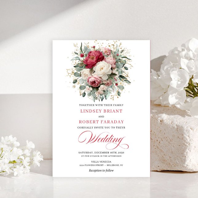 Sofistikerad Bohemisk Mörkröd Vit Inbjudan (Sophisticated Bohemian Crimson Red White Invitation)