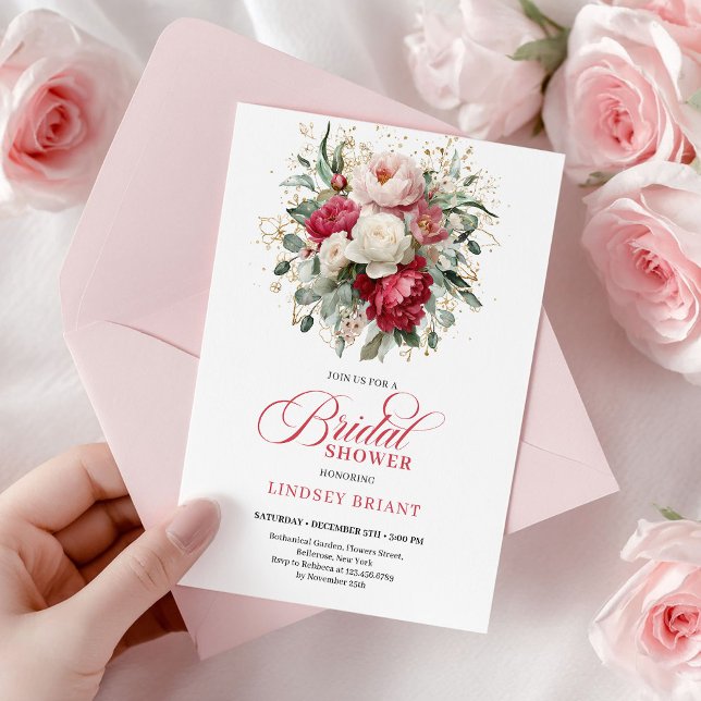 Sofistikerad bohemisk röd vit blomstergrönska inbjudningar (Chic Boho Ruby Red Blush Greenery Bridal Shower)