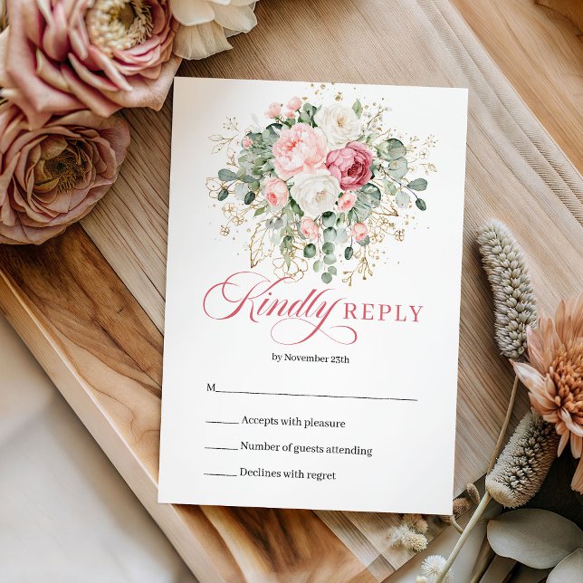 Sofistikerad Bohemisk Rosafärgad Blommig Bröllops- OSA Kort (Sophisticated Bohemian Blush Floral Wedding RSVP)