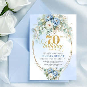 Sofistikerad Boho Blå och Guld Blommig 70-årsdag Inbjudningar