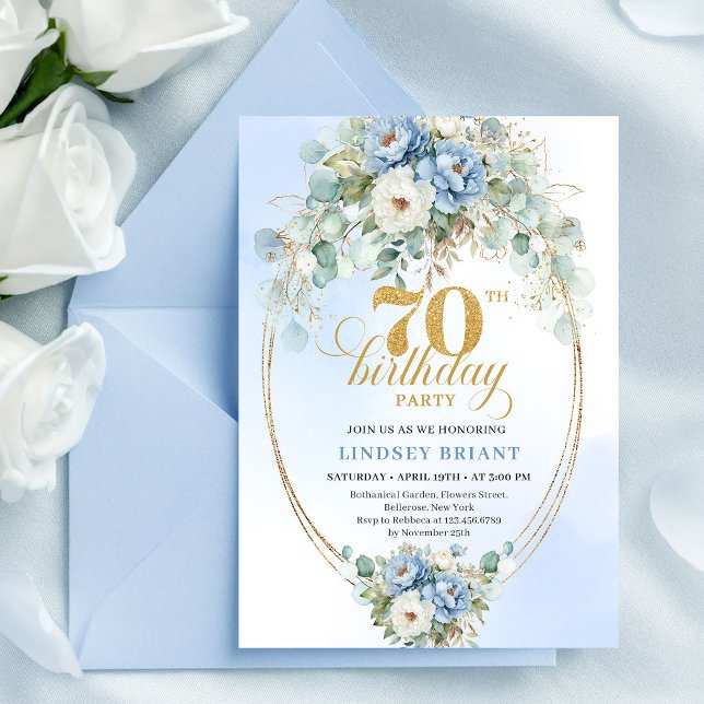 Sofistikerad Boho Blå och Guld Blommig 70-årsdag Inbjudningar (Sophisticated Boho Blue and Gold Floral 70th Birthday)
