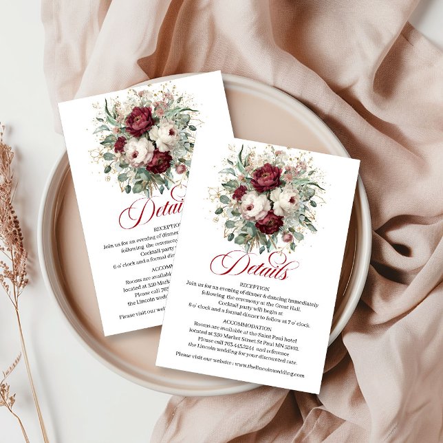 Sofistikerad Boho Burgundy Grönska Guld Detajer Tilläggskort (Sophisticated Boho Burgundy Greenery Gold Details Card)