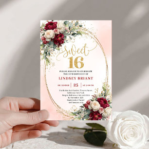 Sofistikerad Boho Marsala Guld Blommig Sweet Sixte Inbjudningar
