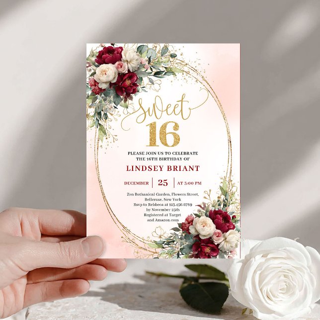 Sofistikerad Boho Marsala Guld Blommig Sweet Sixte Inbjudningar (Sophisticated Boho Marsala Gold Floral Sweet Sixteen)
