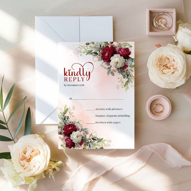 Sofistikerad Boho Merlot Guld Blommig Bröllop RSVP OSA Kort (Sophisticated Boho Merlot Gold Floral Wedding RSVP)