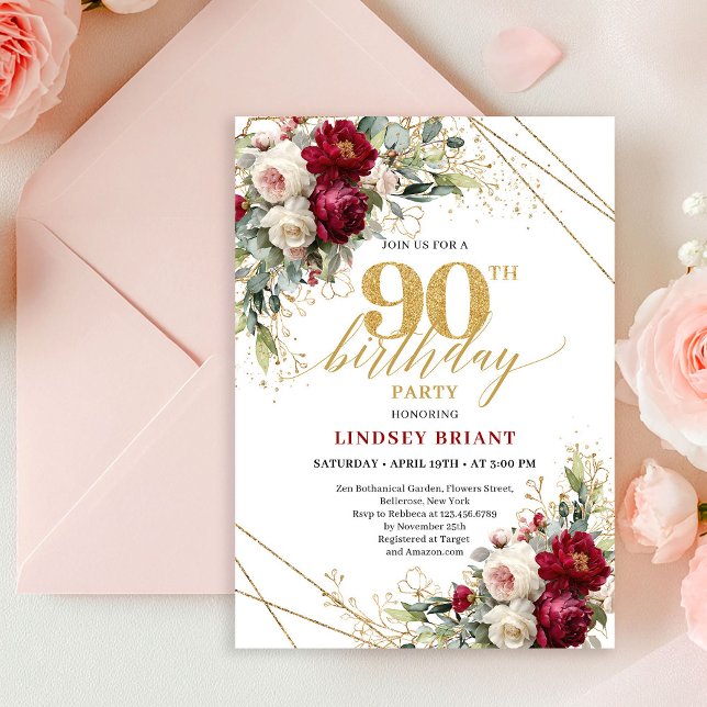 Sofistikerad Boho Merlot Roséguld 90-årsdag Inbjudningar (Sophisticated Merlot Rose Gold 90th Birthday Invite)