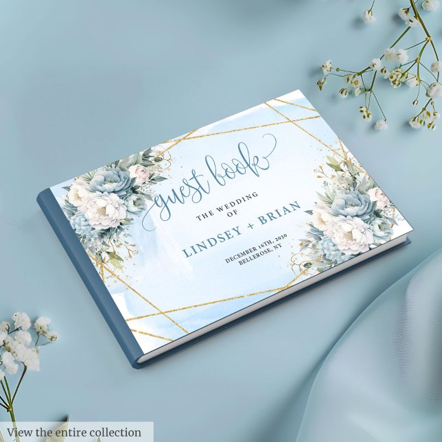 Sofistikerad Boho Pastel Blue White Guld Peonies Gästböcker (Sophisticated Boho Pastel Blue White Gold Peonies Guest Book )
