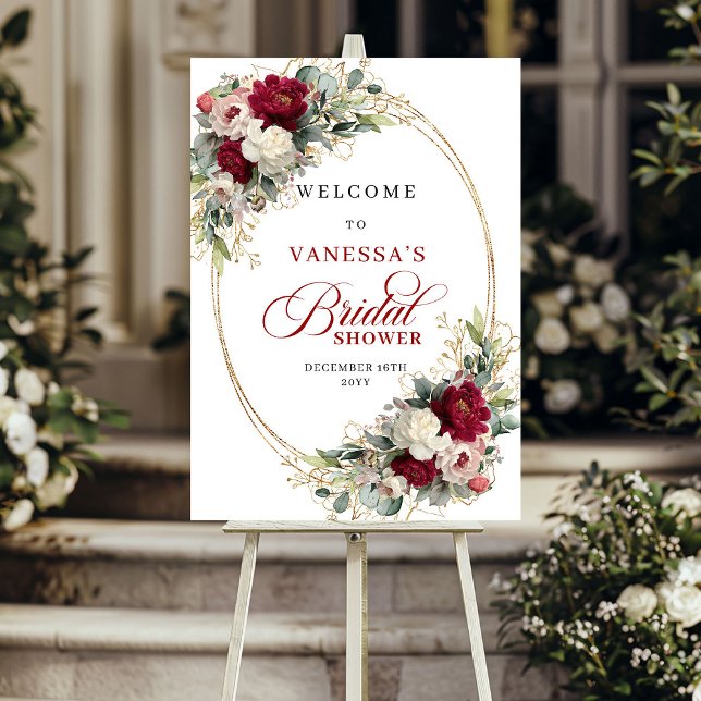 Sofistikerad Burgunder Vit Blommig Bröllopsfest Poster (Sophisticated Burgundy White Floral Bridal Shower Welcome)