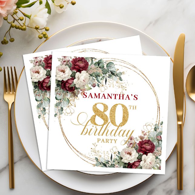 Sofistikerad burgunderblommig servett för 80-årsda (Sophisticated Burgundy Floral 80th Birthday Napkins)